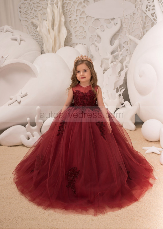 Maroon Lace Applique Tulle Keyhole Corset Back Flower Girl Dress Maroon Lace Applique Tulle Keyhole Corset Back Flower Girl Dress